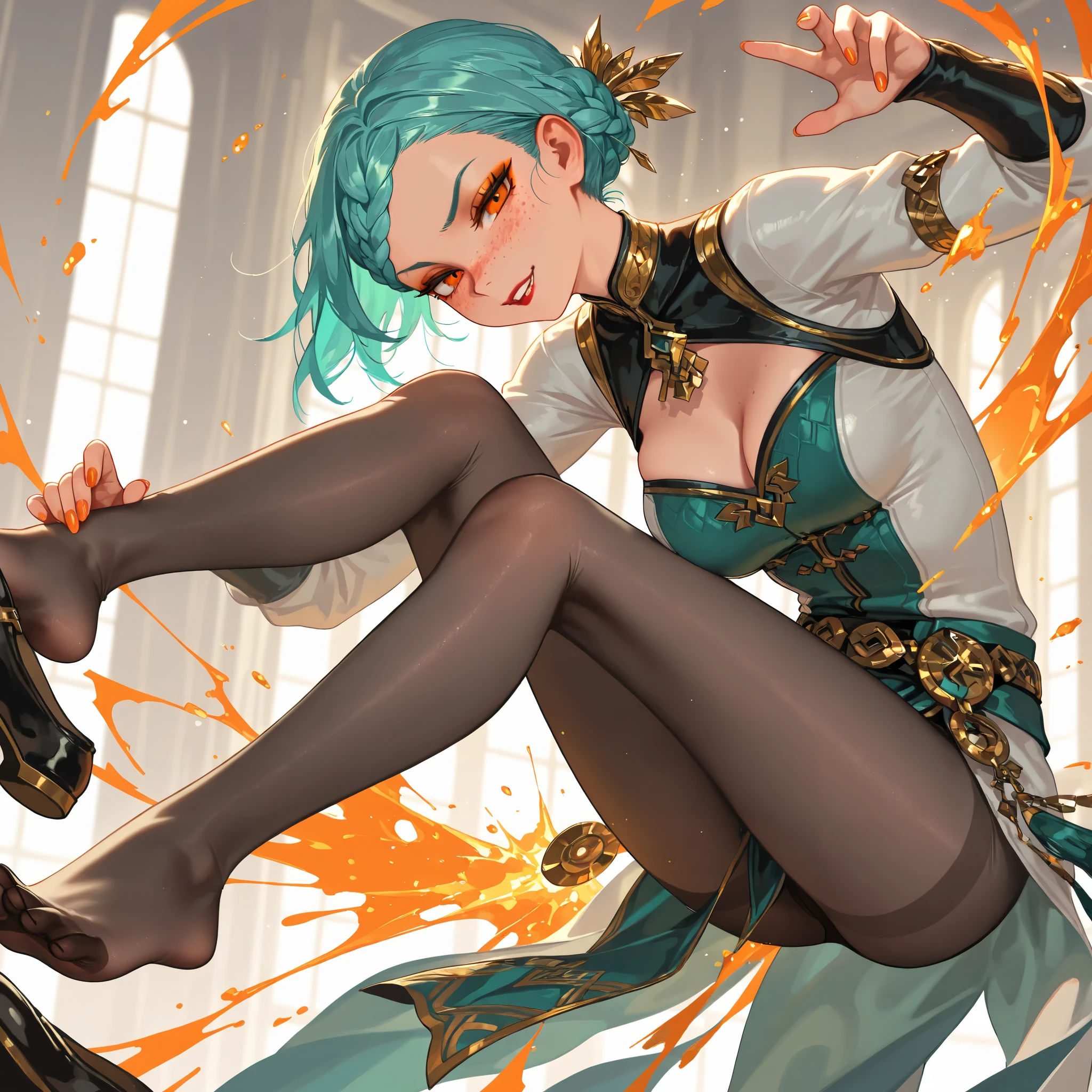 1_head, (1girl1.2), (solo:1.8), (best quality), 8k, masterpiece, aqua hair, short hair, braided bangs (hairstyle), calm, BREAK, (orange eyes:1.6), detailed_eyes, naughty_face, BREAK, freckles, BREAK, perfect face, medium breasts, BREAK, (red lipstick), (golden eyeshadow), BREAK, pantyhose, toe_nails, foot_focus,