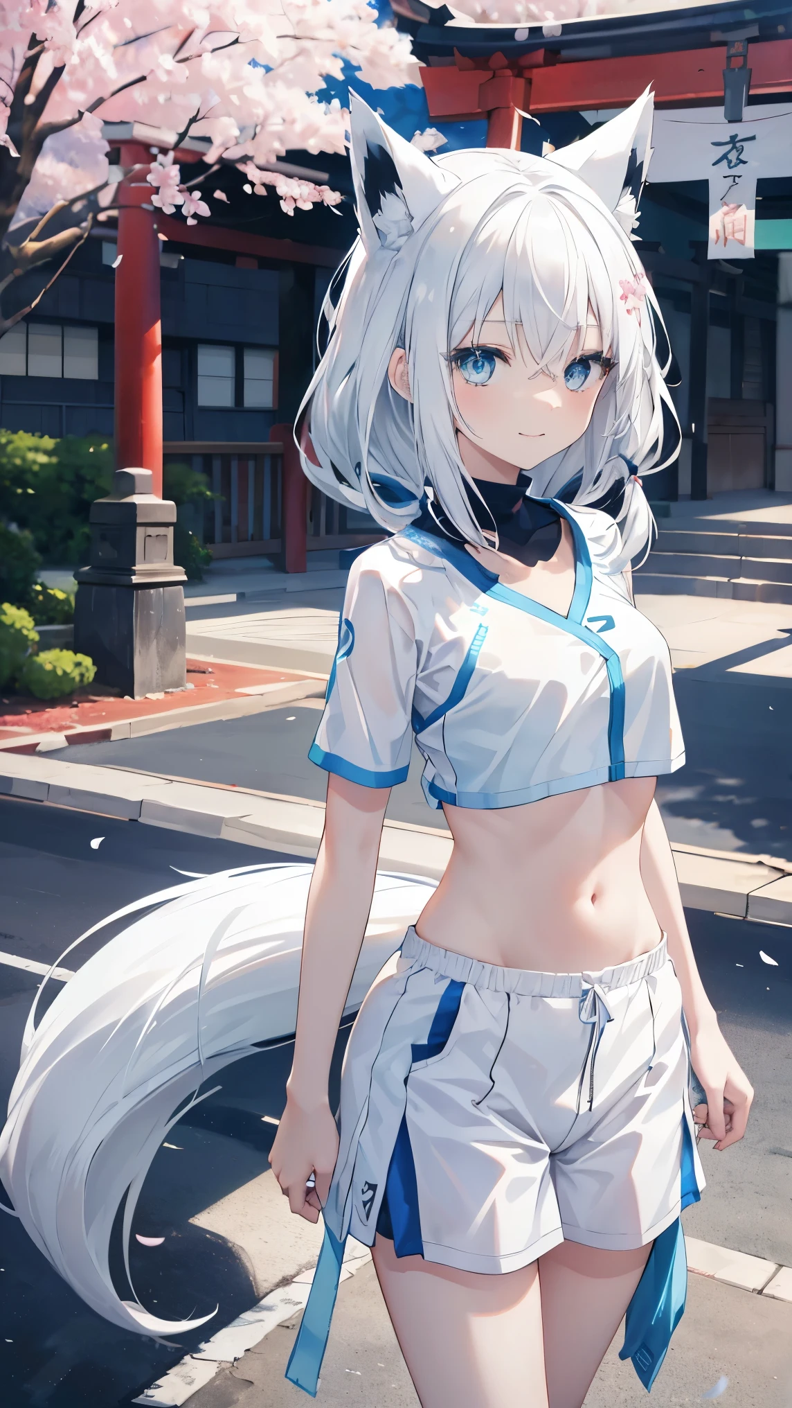 top quality、、(Whitening skin,)、 Silver Hair、light blue eyes,Petite、slender、(sportswear,sports bra,),cherry blossoms,torii,smile, fox ears,Fox Tail,belly button,toned body,