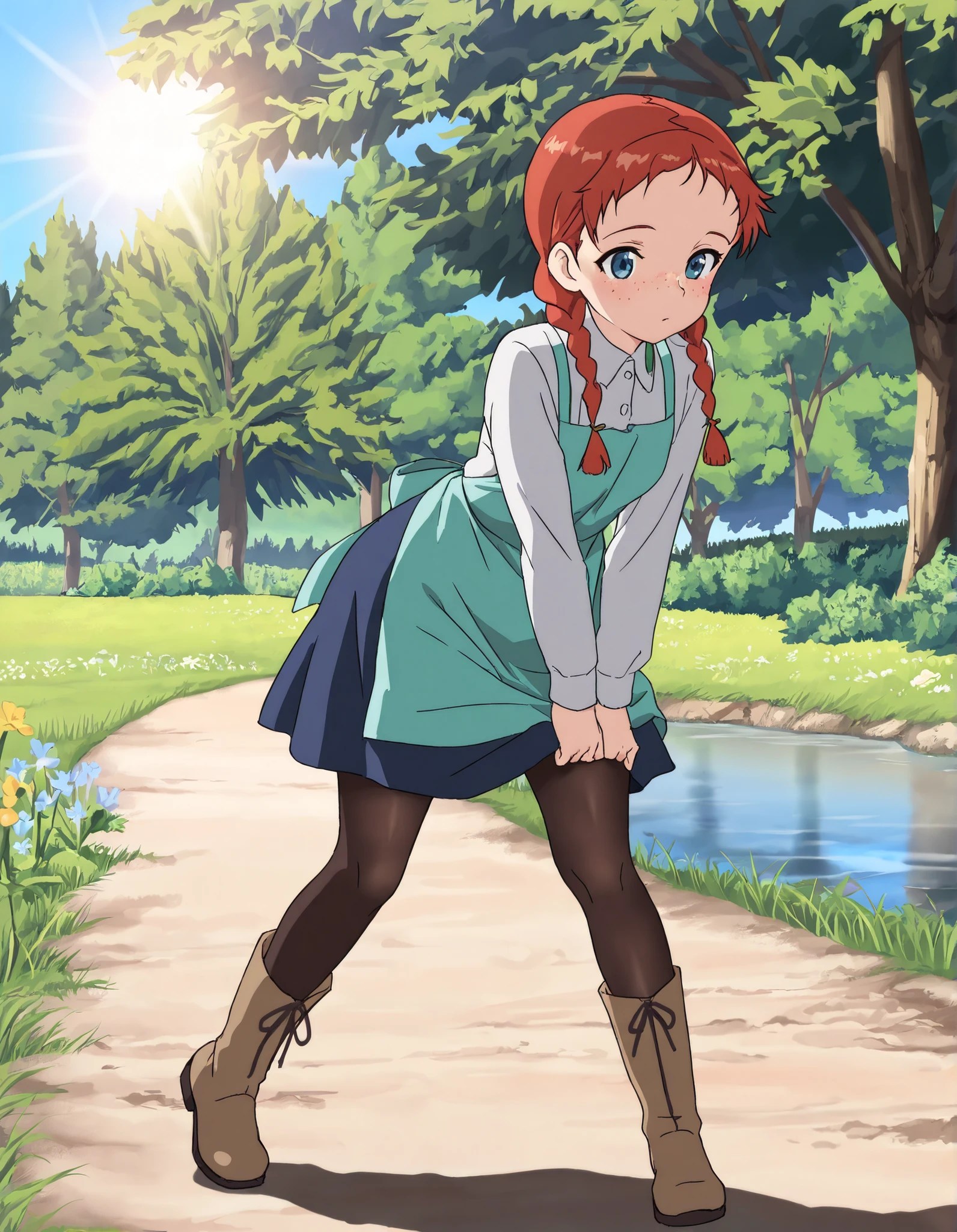 (((Masterpiece))), (((Best Quality))), ((Super Detail)), ultra-High resolution, score_9, score_8_up, score_7_up, score_6_up, score_5_up, score_4_up, BREAK, source_anime, anime screencap, uncensored, rating_explicit, Masterpiece, (best shadow), (absurdres), (detailed background), (very aesthetic), shiny, detailed beautiful eyes, outstanding, countershading, detailed soft lighting, an exquisite animation illustration, curvy, Erotic_style, uncensored, (Anne), red hair, twin braids, braid, blue eyes, freckles, forehead, small breasts, dress , apron , pantyhose , boots, sun, grassland, river, flower, trees,