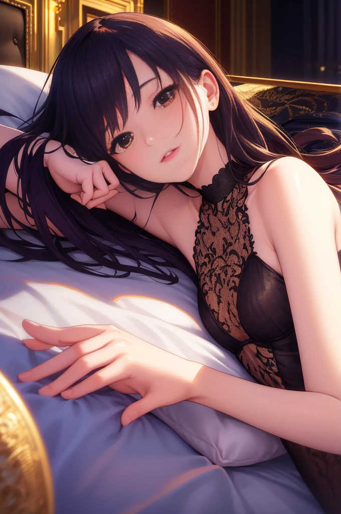 Highest Resolution,Highest quality,1People Girls,beautiful girl,Full body close-up,The body is frontal,looking at the camera,Crying face,Tears,Stringy saliva,Open your mouth,Sticking out tongue,Saliva,Tears overflow,Dripping a lot of saliva,Drooling,Purple fingernails,Right hand touches lower lip,Lying in bed,Spread your legs,Upper left arm(K)letter,Dimly lit room,Orange lighting,Purple sheets,China dress,Muscle Exposure,