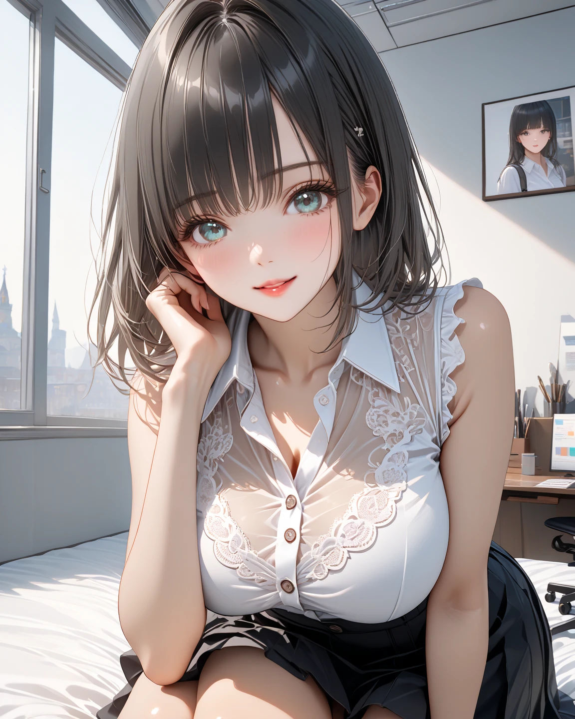 ((Biologically correct number of limbs))、(( Full body photo including face、head to toe photo))、standing position、[NSFW]、4K、masterpiece、((focus on the face))、((Symmetrical facial features))、Eyes of minute description、Beautiful woman、outstanding style、beautiful clavicle、beautiful legs、(small ass、thin thighs）、Detailed depiction of faces、small earrings、necklace、(T-shirt、skirt、pantyhose、high heels）、Bedroom view、clear、smile、、Upper body close-up photo、realistic pictures、lie down on the bed、