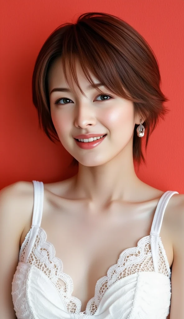 8k, super detail, best quality, textured skin, anatomically correct, masterpiece , top quality, cinematic lighting, Use perspective throughout , surrealism , ,(photorealistic:1. 3),(RAW photo) , black hair, light smile, short hair, bob cut, anaglyph, stereogram, (MILF:1), (38 years old), ((Close:0.5)), glare, double eyelids, lip gloss, (smile:1), ((eyes closed:0.85)), red mouth, collar bone, ((looking at viewer)), (short auburn hair wet and shiny), (full body in view) , Slightly thicker body shape , wide-eyed eyes , perfectly round eyes , fine texture ,(In a fitting room at a clothing store:1.5)、(Wearing a formal white dress:1.5)、(Dress with ruffled collar:1.2)、(smile:1.3)、(Watching the audience:1.2)、(Full body photo:1.5)