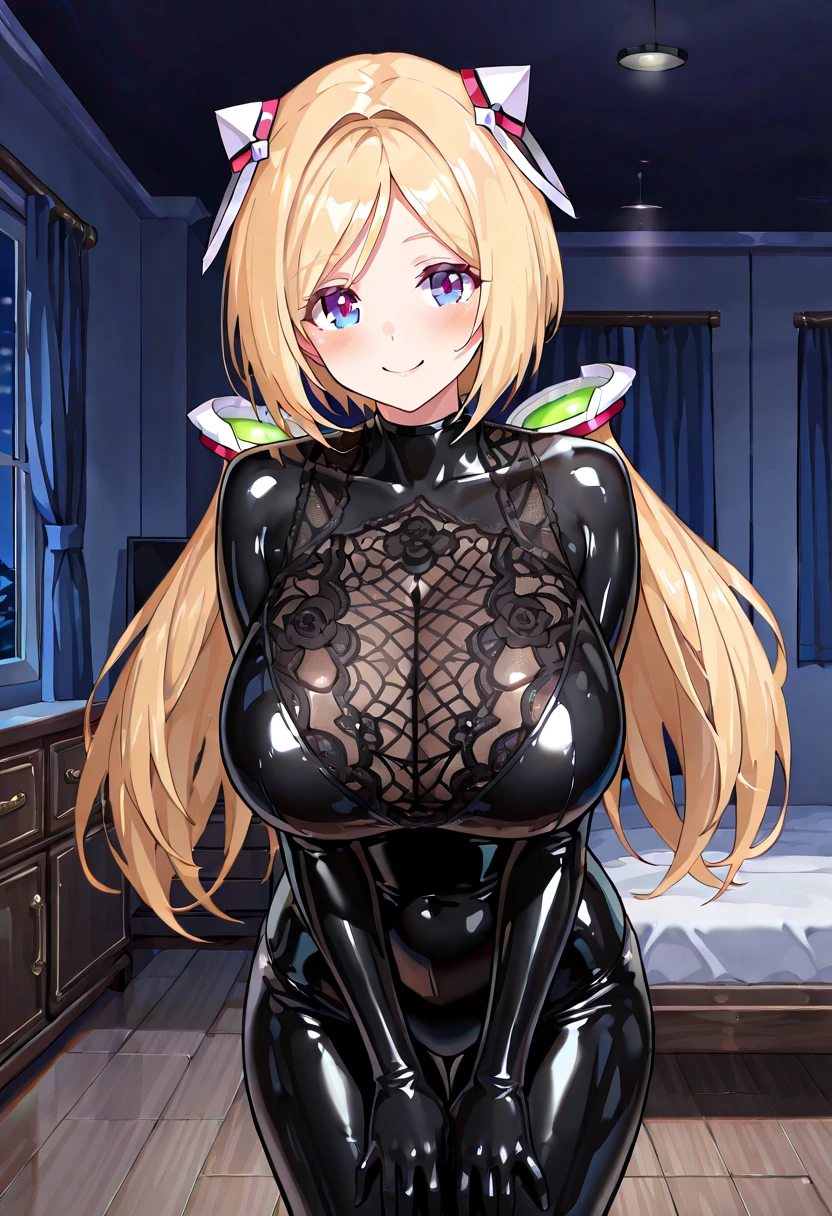 1girl,solo,cowboy shot,(standard height),standing,(blonde hair:1.2),long hair,(blue eyes:1.2),(beautiful fingers:1.4),(perfect anatomy:1.6),(arms_behind_back:1.6),(cold_shoulder:1.2)(navy leather lace glossy silk lamé leotard:1.2),(latex luster shiny glossy metallic:1.2),(shiny_clothes:1.2),medium breasts,beautiful breasts,masterpiece,best quality,(Ultra high definition eyes:1.2),8k,(Beautiful detailed eyes:1.2),(Fine and beautiful eyes:1.2),(pretty eyes:1.2),finely detail,extremely CG, absurdres,high resolution,illustration,Detailed and beautiful outlines,finely detail,high resolution,(colorful refraction:1.4,Increase saturation:1.2),beautiful lighting,dynamic lighting,closed room,black background,simple background, smile,looking at viewer,black dress, bare shoulders,large breasts, frills, long sleves, cleaveage, off shoulder dress,hood up,black choker,long hair, black nails, cross earrings,wide slevees, blue eyes, blonde hair,alice,(white Clear PVC sheets sleeves:1.4),(sheer sleeves:1.4),(see-through sleeves:1.4),(wide sleeves:1.2),(navy thigh boots:1.4)