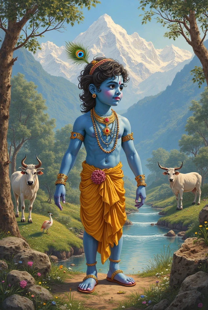 Load krishna stand with one white cow in background hai ha mountain and river 
