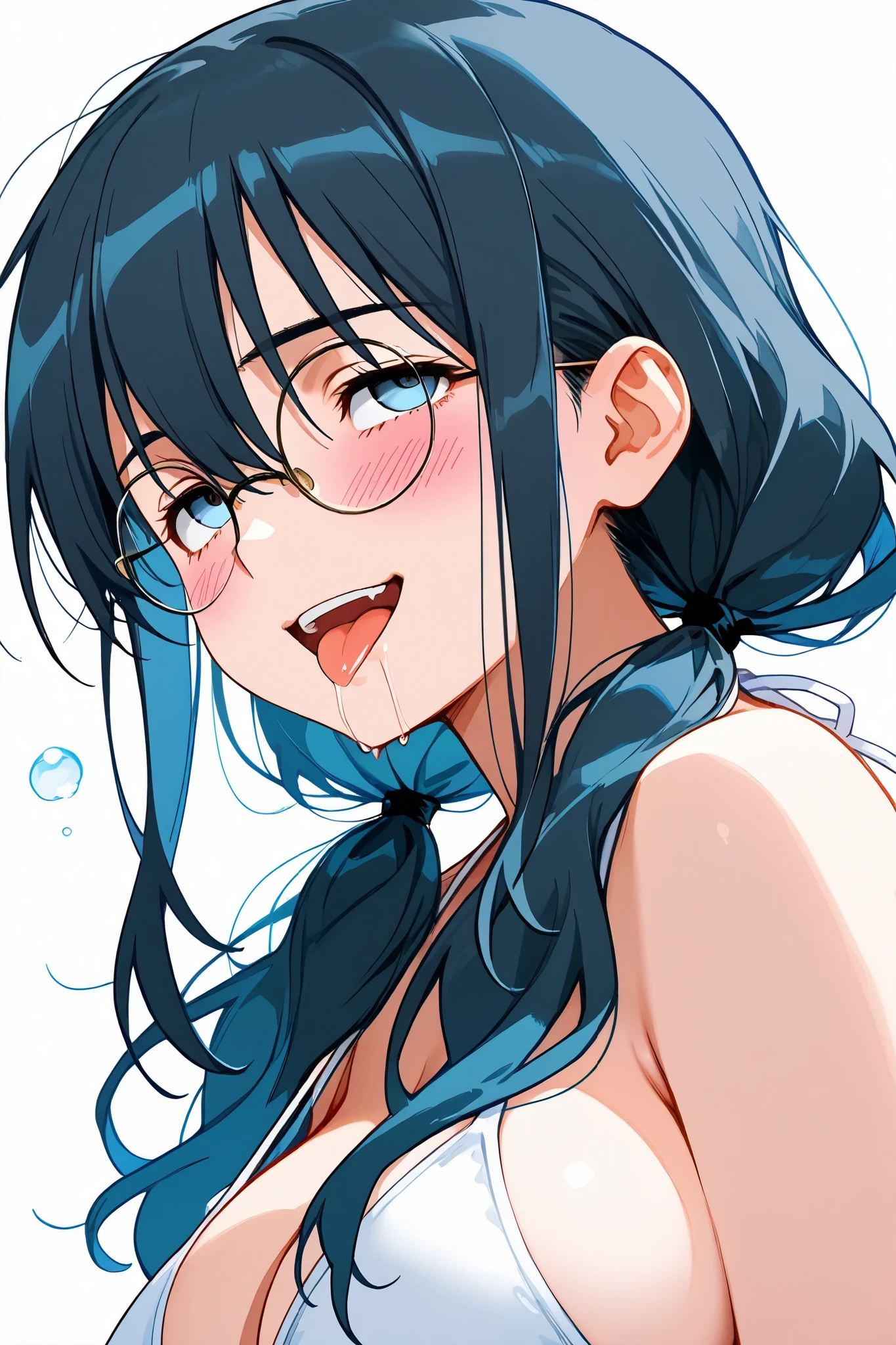 china,saori_makishima,1 female,solo,
looking at viewer,anime,
black hair,low twintails,blue hair,long hair,
half updo,hair between eyes,sleepy eyes,
blue eyes,round glasses,
white background,look up,long,
upper body,from side,
White bikini,large breast,
angry,blushing,drooling,tearful eyes,evil smile,
rolling eyes,open mouth,tongue out,
Highest quality,masterpiece,high image quality