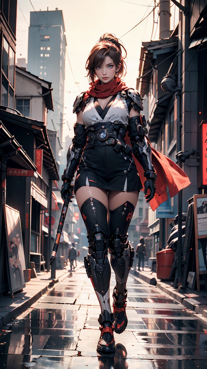 A stunning woman stands with a laser gun in front of a subway escalator at the collapsed Meitetsu Kanayama Station in Atsuta Ward, Nagoya City.、Extremely realistic and detailed image quality、Bust size 40 inchesMcup、Super big breasts、Tight waist、Toned Abs、Unkempt blonde、Cool look、Torn Cybersuit、The cleavage is clearly visible、Goggles around the neck、Body covered in dirt、A derailed train falls onto its side