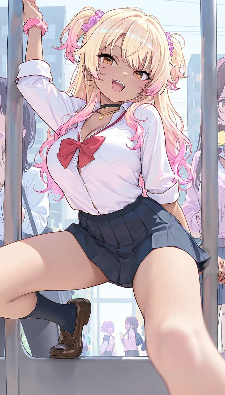 (magazine cover:1.8)、((from below:1.2))、standing with legs apart、 cute 1 girl, highest quality、ウルトラ - High resolution、High resolution、Highly detailed CG、8k unit wallpaper、20-year-old、beautiful and fine eyes,platinum blonde hair、pigtails、(((Black and purple super shiny latex panties)))、((( black skin , Tied shirts , cropped shirt , pleated skirt , cleavage ,)))、(shiny body,:1.5)、 please be shy、(Ahegao:1.5)、(Stick out your tongue and drool)、full of embarrassment、