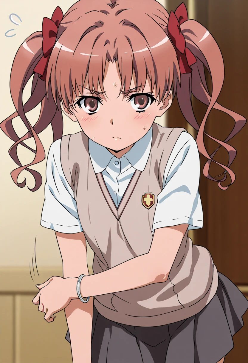 kuroko shirai, brown hair, long hair, parted bangs, ringlets, twintails, hair bow, bow, red bow, armband, black skirt, collared shirt, dress shirt, pleated skirt, safety pin, school uniform, shirt, short sleeves, skirt, summer uniform, sweater vest, tokiwadai school uniform, twintails, white shirt, brown sweater vest, 1girl, solo, alone, <lora:pervert_face_and_pose_illustriousXL-000009:0.8>, + +, yellow glowing eyes, claw pose, mouth drool, blush,masterpiece, highres