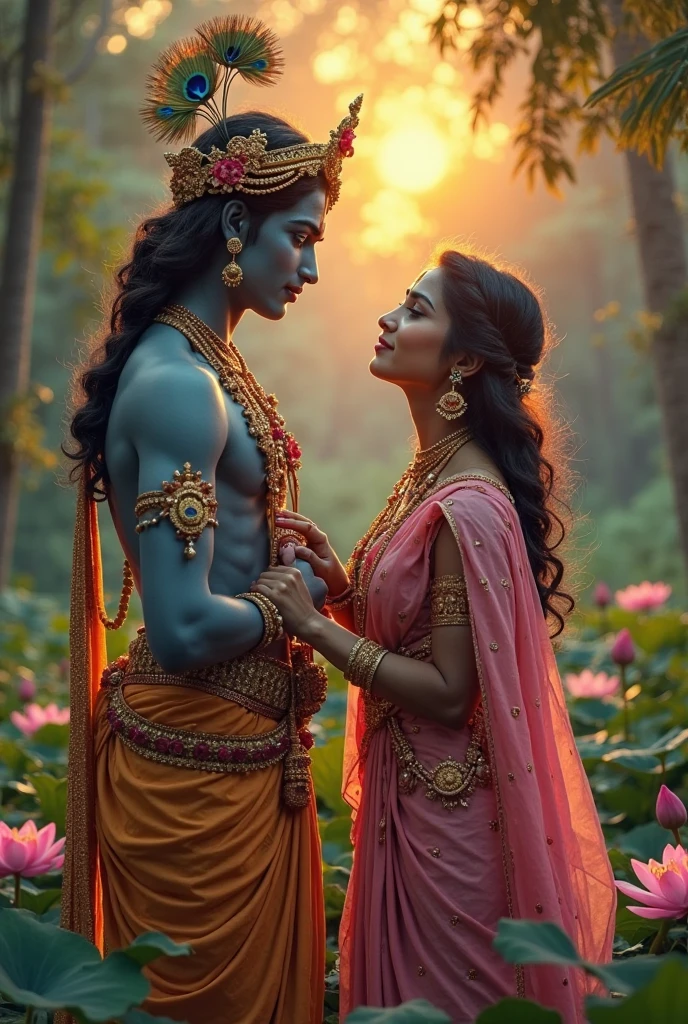 (photorealism:1.2), (very handsome & cute) male- Lord krishna wearing white costume, jewellery,crown with peacock feather, curly black hair, blue skin tone, closed eyes and a very beautiful goddess wearing red embroidered saree and sleeveless blouse, jewellery, crown on head,indian makeup,very beautiful, photo shoot together, standing and walking hand in hand, (((hand in hand))) behind is dense bushes with lots of micro sized yellow flowers, some white tiny flowers, ((( dense bush))), ((gothic)) white moon in sky, professional photo shoot,aesthetic, not intimate,very aesthetic hindu deities,lord krishna and maa radha by Greg Rutkowski, by Alphonse Mucha, ((very close up)), anime mix with photorealistic, add a touch of oil painting