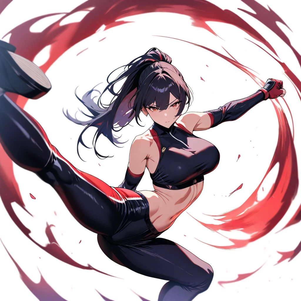 lacus4, (yellow haori, shinigami seal, katana, Hollow mask, bare midriff, low-rise pants, sandals), (masterpiece, action pose, dynamic, 4K, Best Quality, Anime style: 1.9, serious, Female Character, (ultra detailed face), (Hollow realm, dim light), Brushstrokes, high resolution, lacus4), 1girl, Solo, athletic build, Long hair, ponytail, (Detailed zanpakuto at side), (Sharp eyes, intense gaze), ((impressive muscles, defined abs, firm figure)), ((detailed sword technique pose,