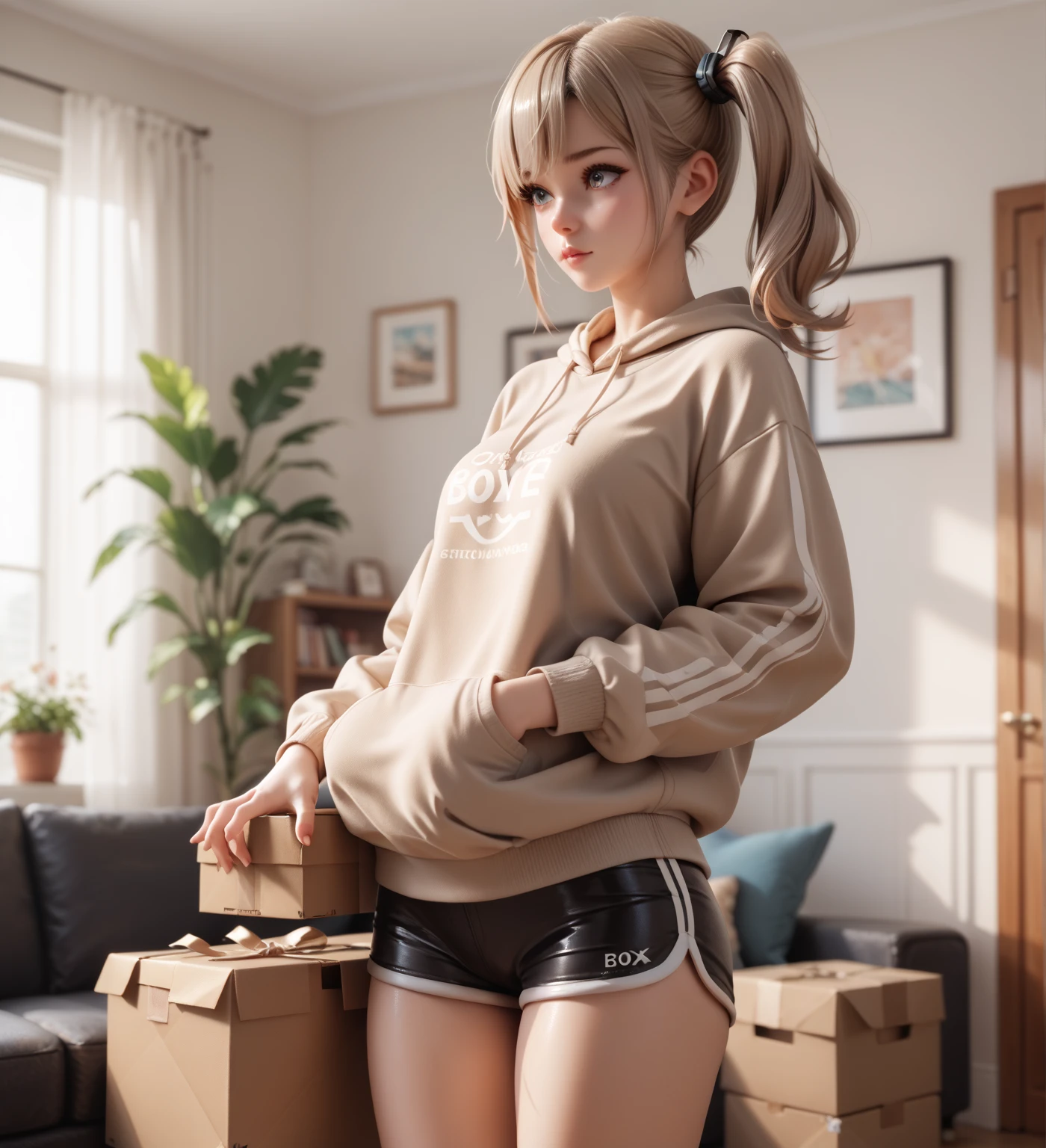 girl in sweatshirt, mini skirt, (view from the floor), (long stockings), (upskirt), medium breasts, with legs open, (counter-pointed shot), ((very detailed)), (perfectly detailed face), (detailed hand), photorealistic image.