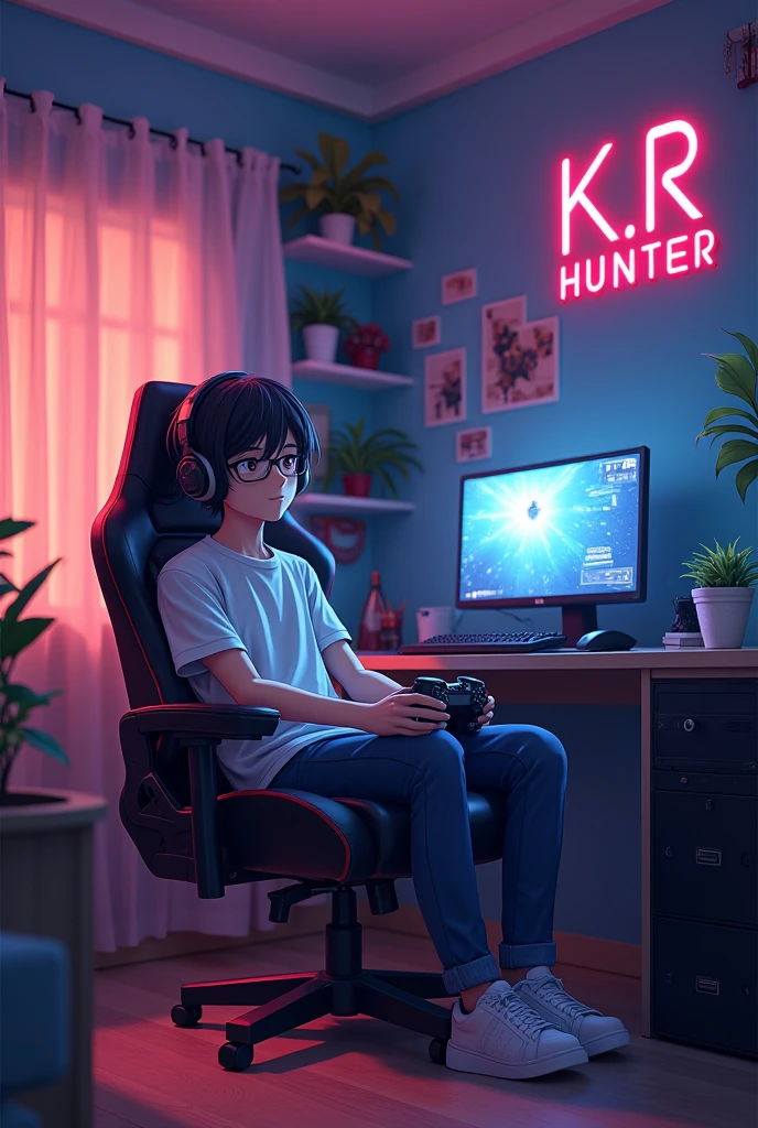 "A modern gaming room with an anime aesthetic, where an 18-year-old anime boy is sitting in a comfortable gaming chair. The room is filled with gaming gear like monitors, a PC, and colorful LED lighting. At the top of the picture, the name 'CR_HUNTER' is clearly visible, making it the focal point of the scene, while the boy remains focused on his game"