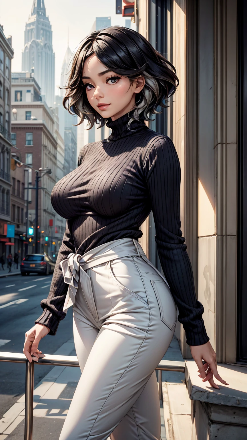 (masterpiece), (best quality), (realistic), realistic girl, adult, pale skin, blue eyes, big curly black hair, eyebrow, nose, ear, mouth, lips, neck, shoulders, medium chest, (blue shirt , short black skirt, tight tights), waist, thick legs, thick thighs, (light blue background)