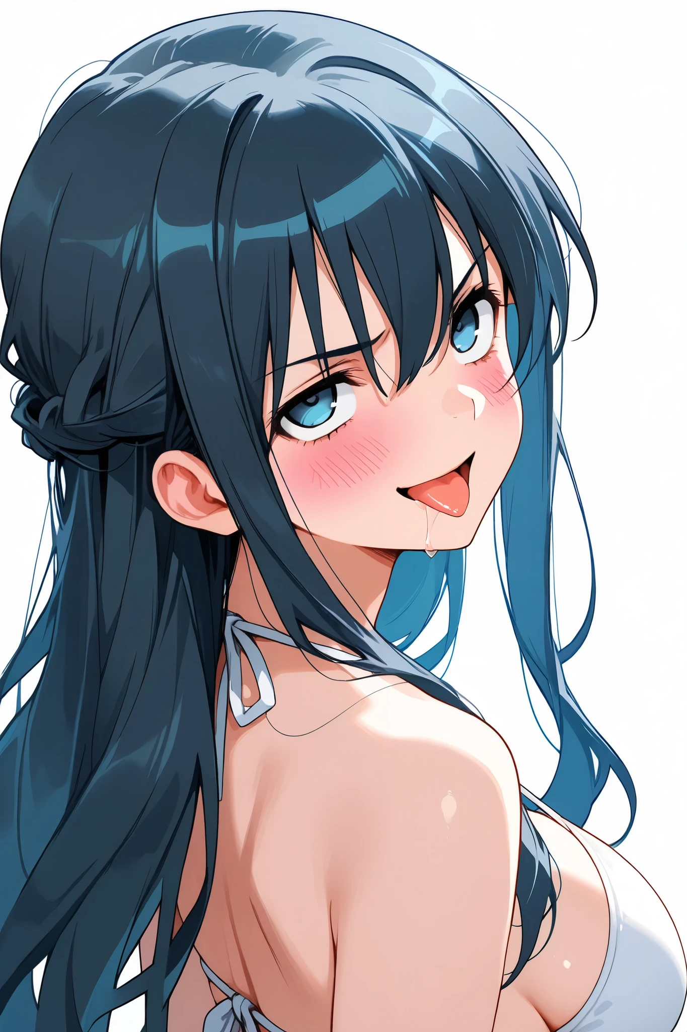 china,saori_makishima,1 female,solo,
looking at viewer,anime,
black hair,blue hair,long hair,straight hair,
half updo,hair between eyes,
blue eyes,
white background,look up,zoom out,
upper body,from behind,
White bikini,large breast,
very angry,evil smile,blushing,drooling,tearful eyes,
rolling eyes,open mouth,tongue out,
Highest quality,masterpiece,high image quality