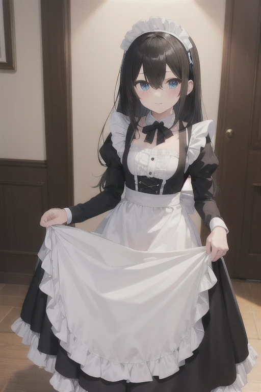 best quality, highres,1 woman,Slender、small face、brown eyes、tall、black hair BREAK、long hair、Hotel、Maid clothes、25 years old、Mature
