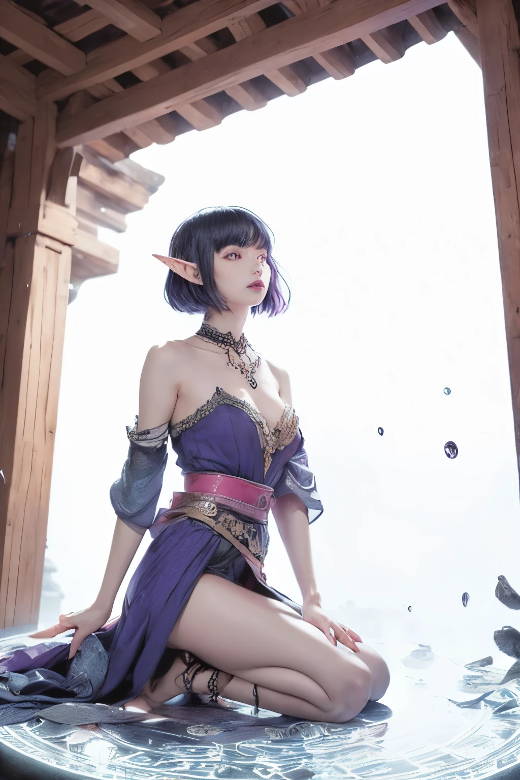 (Ultra-detailed face, Looking away, Gothic Illustration, Dark tone colors. She has five fingers on her hands and five toes on her feet.), BREAK
(Black rain clouds are low in the sky. A drizzle like needle threads drenches the roof and grounds of an oriental-style wooden shrine.), BREAK
(A single drop of water is slowly trying to fall from under the eaves of the roof. The dark elf goddess kneels in the middle of the magic circle under the eaves, twisting her body, creating a magical aura with her bold pose and circular movements with her large hands, trying to breathe new life into the drop of water.), BREAK
(She has shiny blue black hair, black eyebrows, blunt bangs, very long disheveled hair reaching down to her waist, small pink lips, hazel eyes, dark purple skin, and multiple layers of thick eyeliner. She has a small mouth.), (She wears a blue linen Roma costume with wide open shoulders and a wide purple embroidered sash around her waist. Her bare feet are adorned with anklet-like ornaments.)