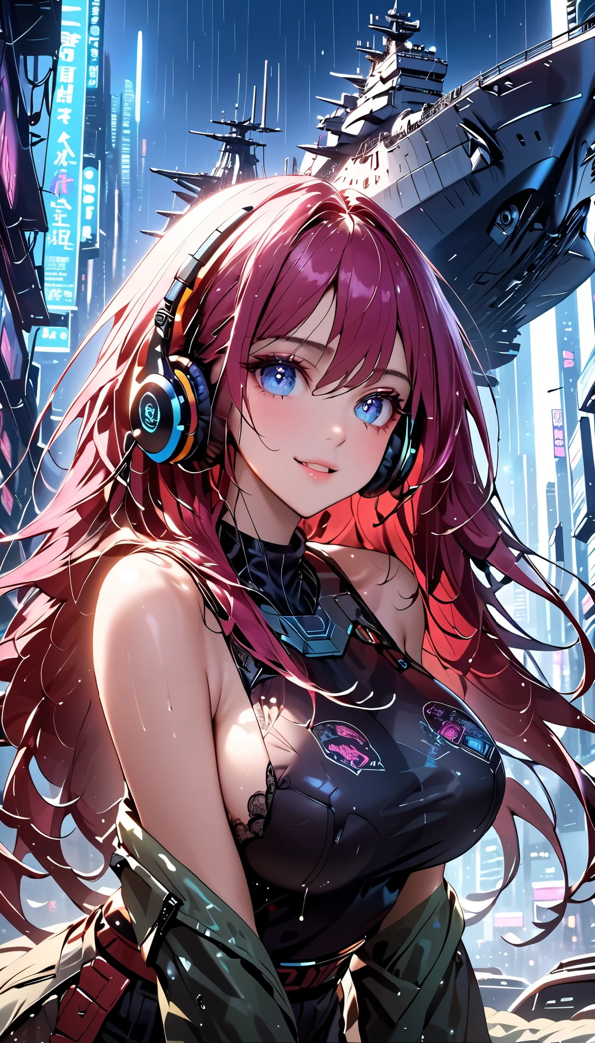 score_9、score_8_up 、(((greatest masterpiece)))、(((best image quality)))、(((High Precision)))、(((4K quality)))、(((8K quality)))、(((machine-made futuristic city covered in smog:1.3)))、(((cyber city:1.5)))、(((a glittering giant flying battleship flying overhead:1.5)))、(((It rains)))、(((Japanese Girl Standing Alone)))、20 years old、(((cyberpunk clothes:1.3)))、wear a headset in one ear、Windswept long hair、(((Big blue eyes )))、Laugh nihilistically、Glossy Pink Lips 、(((in bed looking up at the sky:1.3)))、(((Big Breasts:1.2)))、Slender and Tight Body、(((Hold down tousled hair with your hands:1.3)))、((( model standing in pose :1.5)))、(((Drawing from below:1.4)))