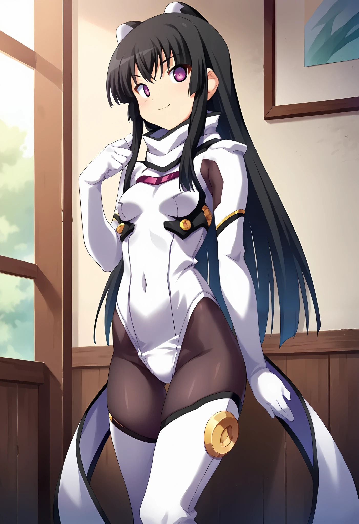 masterpiece, best quality, highres, aatsubone, long hair, one side up, hair ribbon, pink ribbon, brown eyes, turtleneck, bodysuit, bare shoulders, elbow gloves, white gloves, fishnets, black thighhighs, outdoors, standing, cowboy shot, smile, spread legs,squat,nude