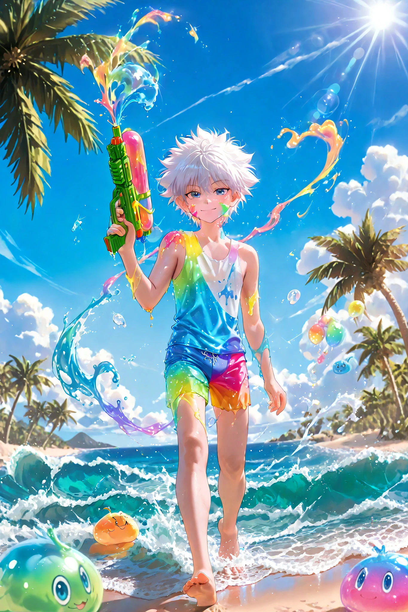Killua, (8k, HD), 1 boy, alone, short hair, spiker hair, white hair, blue eyes, white summer shortsi, pleasant smile, walking along the seashore, beach, sand, waves, looking at viewer, barefoot, wind, palm trees, clouds, blue sky, (water balloons), (good hands), multicoloured smile, happy, joyful, close view, sunlight falling on her, colours, slime, ((colours on her body)), ((coverd in slime)), ((holding watergun)), ((colours on her face)), Holi_Style_SDXL, ((Multicolor Smoke)), Multicolor Paint, Multicolor Powder, face coverd with slime