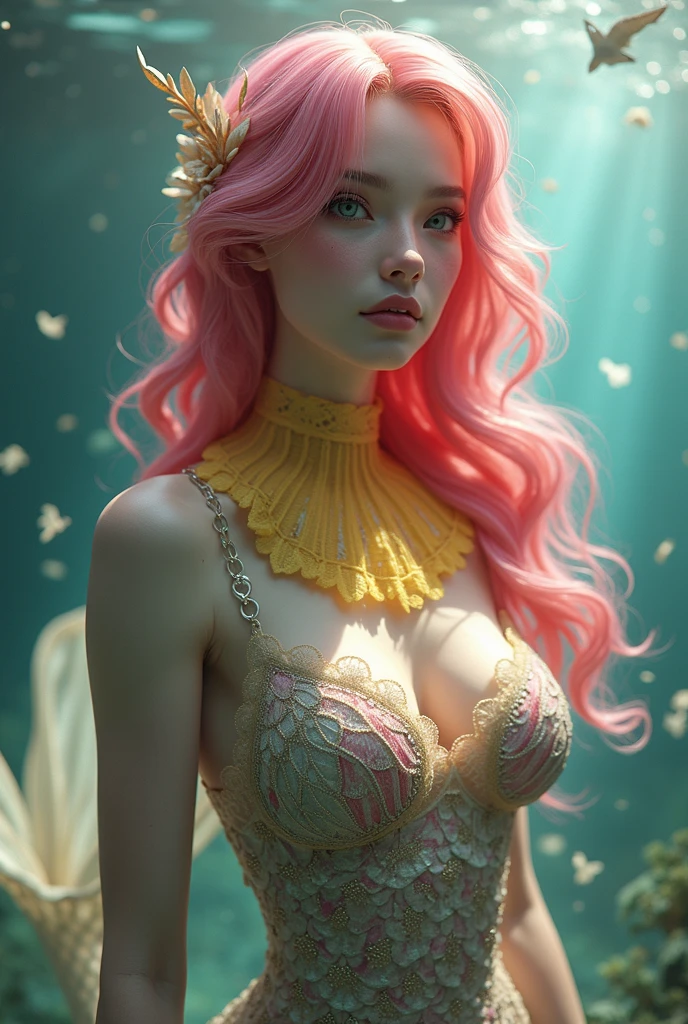 A 24K 3D HD hyper-realistic image of a Latin sexy fairy with neon pink hair adorned with petals and glistening pollen. She is wearing an elegant turquoise and gold outfit with intricate details. The fairy has mesmerizing eyes that sparkle like morning dew. She is standing in a dark fantasy setting with rich colors and textures. The image has a cinematic vibe with vibrant colors and intricate details.