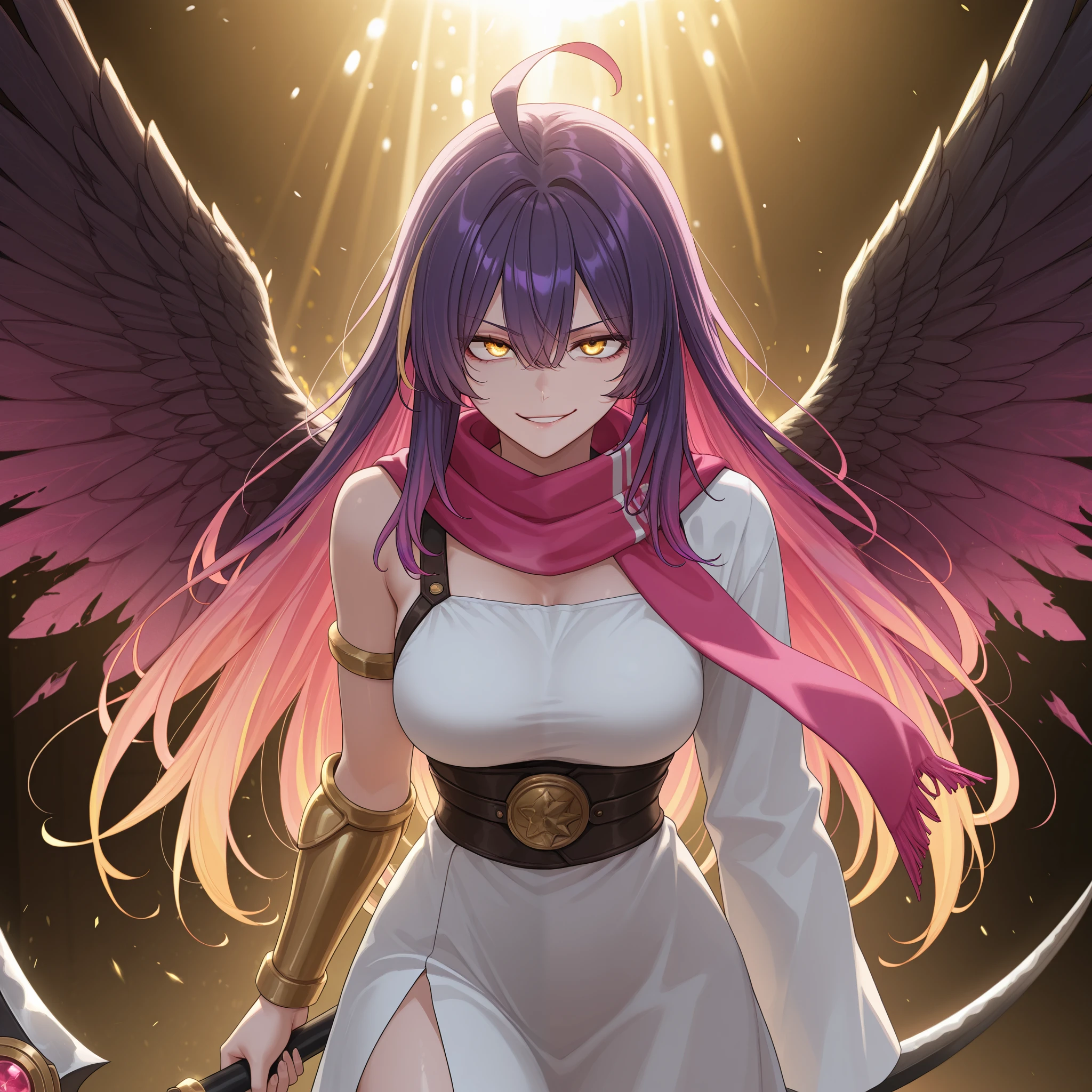 1girl, cowboy_shot, seraphim angels, damaged wings, seeledef, golden eyes, (purple hair,  (golden hair:1.33),  pink hair, multicolored hair:1.3), long hair, hair between eyes, ahoge, small breats, toga, peplos, white clothes, pink scarf, gunscythe, cosmic magical lightning blood bleeding scythe, valkyrie, greek clothes, smirk, wide eyes, anger, aggressive stance, golden aura, golden lights,
,(realistic lighting, masterpiece, highres, absurdres, depth of field, best quality, amazing quality, very aesthetic, high resolution, newest, hyper-detailed:0.88), (SuperQuality:1.2) dynamic pose