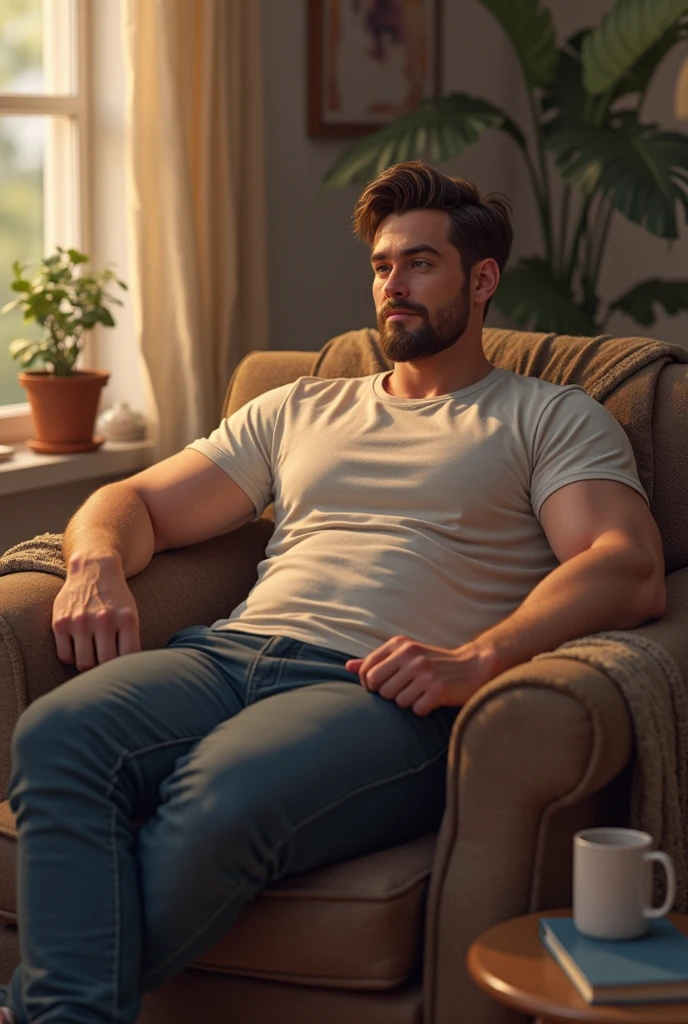 (Hombre con camiseta naranja), (Llevar barba completa,) Mirada atractiva y seria., dark brown hair, elegante y con estilo, y camiseta de cuerpo fuerte, hombre parecido al actor David Alan Scheer, (imagen realista y de alta calidad), in the background American apartment with designer furniture and blue wall color in the background, ((Mejor calidad, 8k, obra maestra).