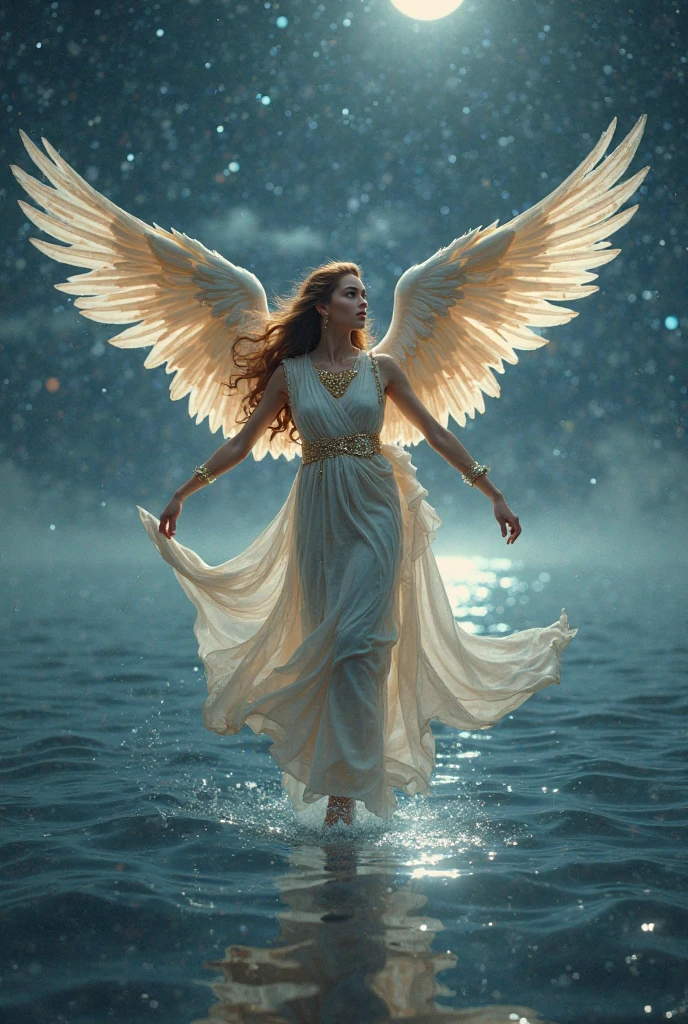((A serene summer scene with an ultra-high-definition, realistic angel flying gracefully in the sky)), The angel is facing towards the camera with lifelike facial features and detailed textures, The angel has intricately detailed white wings, fully extended as it soars through the air in an elegant, natural pose, The angel has platinum blonde hair flowing gently in the wind, with realistic light reflections and highlights, emphasizing the sensation of movement, The angel is dressed in a flowing white outfit, adding a sense of purity and grace, The angel holds a silver staff, adding a touch of mystique and power, The theme color of the scene is blue, reflected in the angel's attire, the sky, and the overall color palette The background features a clear summer sky with a soft, highly detailed rainbow arching across it, enhancing the feeling of wonder and beauty, ((The scene takes place in a celestial world, with floating islands and ethereal clouds, adding a magical and otherworldly atmosphere Soft, white clouds accompany the rainbow, adding depth to the sky)), Below, a green land and blue ocean are visible from a high angle, with realistic lighting and shadows, The landscape features gently rolling hills and a distant, vividly detailed sea, as seen from a high vantage point in this sky-bound world, The image is captured in a vertical 9:16 aspect ratio, emphasizing ultra-realistic textures, depth, and the dynamic nature of flight in a heavenly realm,"full-body shot","elegant attire"