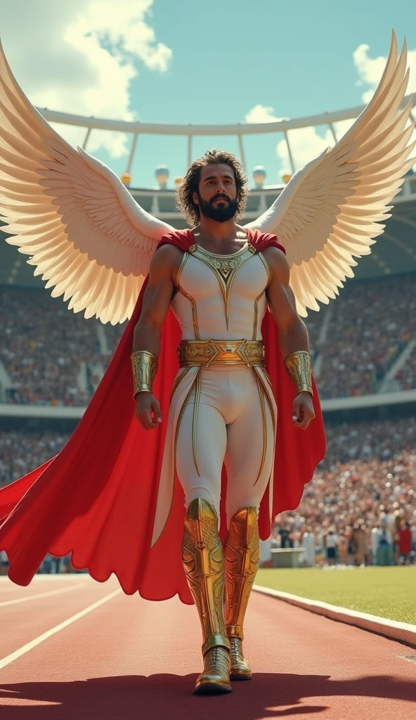 A very muscular male angel, Standing in modern Rome, Daytime, Wearing ancient Roman gold armor