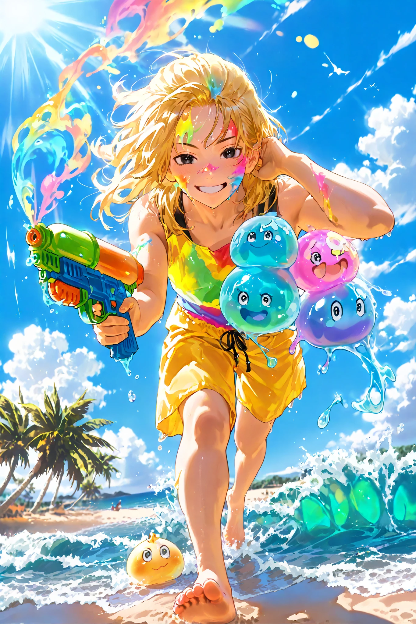 Sano manjiro, (8k, HD), 1 boy, alone, long hair, yellow hair, black eyes, yellow summer shorts, pleasant smile, close view, perfect face, beautiful face, walking along the seashore, beach, sand, waves, looking at viewer, barefoot, wind, palm trees, clouds, blue sky, (water balloons), (good hands), multicoloured smile, happy, joyful, close view, sunlight falling on her, colours, slime, ((colours on her body)), ((coverd in slime)), ((holding watergun)), ((colours on her face)), Holi_Style_SDXL, ((Multicolor Smoke)), Multicolor Paint, Multicolor Powder, face coverd with slime