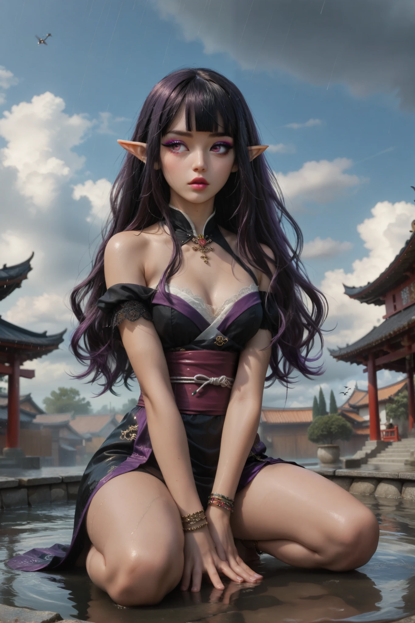 (Ultra-detailed face, Looking away, Gothic Illustration, Dark tone colors. She has five fingers on her hands and five toes on her feet.), BREAK
(Black rain clouds are low in the sky. A drizzle like needle threads drenches the roof and grounds of an oriental-style wooden shrine.), BREAK
(A single drop of water is slowly trying to fall from under the eaves of the roof. The dark elf goddess kneels in the middle of the magic circle under the eaves, twisting her body, creating a magical aura with her bold pose and circular movements with her large hands, trying to breathe new life into the drop of water.), BREAK
(She has shiny blue black hair, black eyebrows, blunt bangs, very long disheveled hair reaching down to her waist, small pink lips, hazel eyes, dark purple skin, and multiple layers of thick eyeliner. She has a small mouth.), (She wears a blue linen Roma costume with wide open shoulders and a wide purple embroidered sash around her waist. Her bare feet are adorned with anklet-like ornaments.)