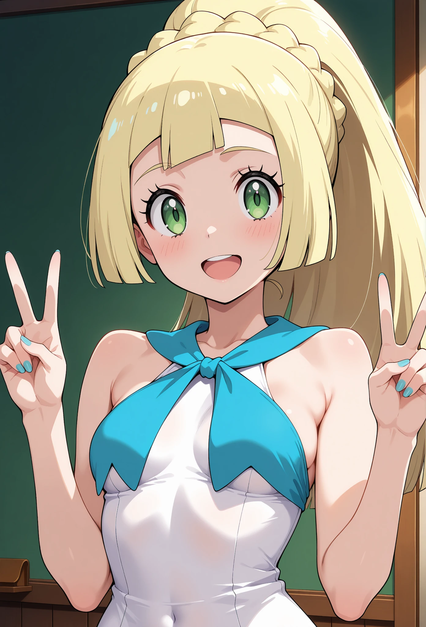 Blonde hair, loli, naked, cute, smiling, green eyes, 1girl