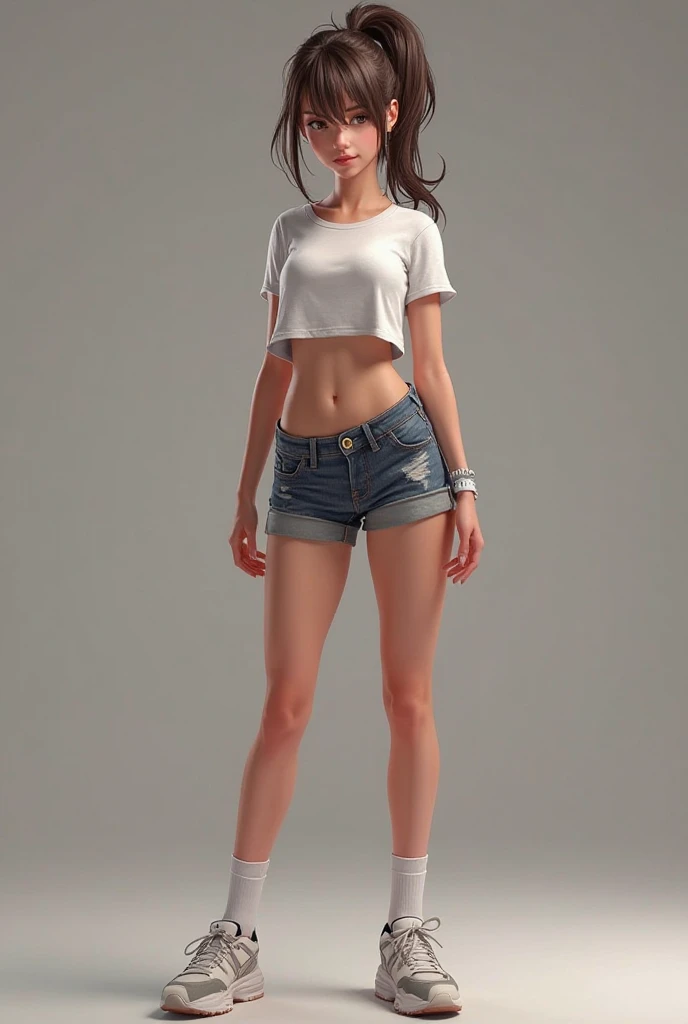 makeup, girl, Soft or colored lips, simple black background, minimalism, monotonous, bright color palettes, no shirt, white polka dot panties, socks, tied straight hair, standing on tiptoe, arms crossed, perspective, side, perfect anatomy, dynamic pose, perfect hands, 