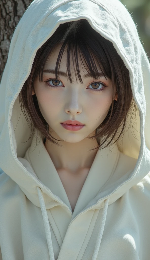 masterpiece, 1Beautifulwoman, A detailed eye, Slightly bigger eyes, top-quality, 超A high resolution, (Realistis: 1.4), OriginalPhotographs, Cinematographic lighting, japanes, Asian Beauty, very extremely beautiful, Beautiful skins, Thin, Front-facing body, (A hyper-realistic), (hight resolution), (8 K), (ighly detailed), (beautifully detailed eyes), (ultra-detailliert), A detailed face, looking at the viewers, Facing straight ahead, Neat Clothing、Brunette Short Bob Hair、Lustrous hair、46 point slanted bangs、Natural tree-lined avenues、(Face Focus、Very eye focus、Head tilt、Very chest focus、underboob、mid-riff peak、hyper realisitic、Photorealistic、masutepiece:1.4, top-quality:1.4、Add intense highlights to the eyes:1.4、Shiny brunette short bob hair:1.4 ),1girl in, 独奏, short dark hair, scarf, Hats,, realisitic, looking at the viewers, brown eyes of light color、 coat, Winter clothes, White headscarf, s lips, lipgloss:1.4,bangss,a closed mouth, The upper part of the body、big eye、Lashes、((Street))、((Shorthair with bangs:1.4、big eye、Put very strong highlights in your students、{Gigantic|Big|Huge|Mega} breasts, cleavage、very Bigger breasts、gazing at viewer、Very beautiful beauty、Put your ears out、long neck、little smiling、Close your mouth and smile)))、Beautiful adult woman full of charm:1.4、(Autumn leaves are blue without people or cars々tree-lined street)