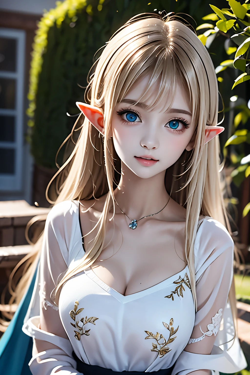 masterpiece,top quality,in white for summer very detailed,photorealistic,realistic, Ultra High Resolution, Masterpiece,fantasy,Elf Girl,, very long blonde,thin, perfect eyes,slender,(SMALLE BREASTS),so cute,Green clothes,gem,embroidery,Cape,garden, correct handshake