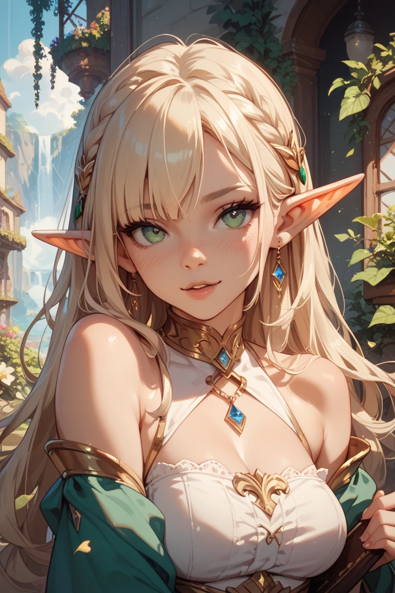 1 girl, Beautiful elf lady, begie blonde Long straight hair, upturn elf pointy ears, sexy figure, perfect breast, charming cleavage, very beautiful face, cute face, delicate eyes, detailed pupil, beautiful and delicate lips, pale skin, Serious, arrogant, absurd, White gorgeous detailed dress, royalties, celebration, elegant, Noble, Bare shoulders, small crystal earrings, hand drawn animation, high detailed, palace banquet hall, symmetrical clothes, best quality, masterpiece, Fair, Octane Render