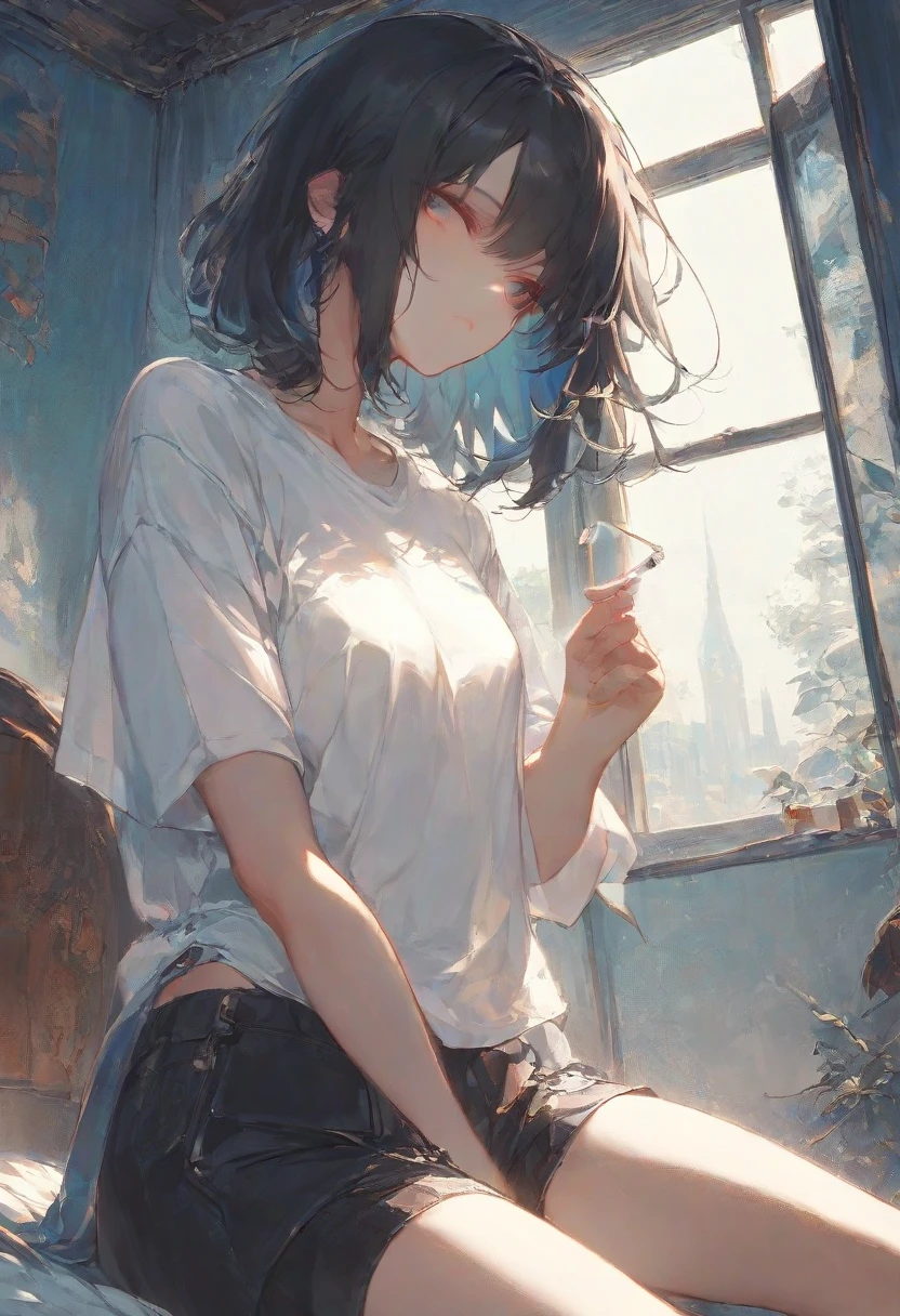 Super high quality by the art god, Ultra-detailed, High resolution, Gwise Style, anime moe art style, best anime 8K konachan wallpaper, Pixiv Contest Winner, Perfect ???????,BREAK,(Draw a picture of a girl sitting in a car seat ),BREAK, a hyperrealistic schoolgirl, (Solo,Lori,child,13years:1.3),Full limbs, complete fingers,a junior high school student, Androgynous attraction, (Very short hair),Head on the forehead, flat chest, Small butt, groin, Small eyes,Beautiful detailed black eyes, Well-proportioned iris and pupils, High resolution detailed hair, blush, (Tank top, Short shorts:1.2), Inside the car, From  above,BREAK,Ultra-detailed細なスキン,Shiny skin, Best lighting by famous artists, 8K, Cute illustration.