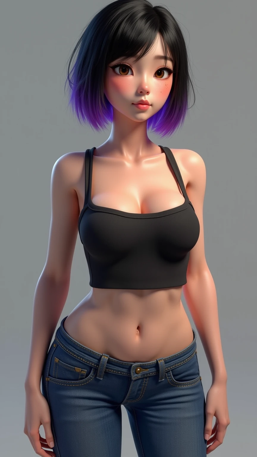<lora:M1r0-V1:0.8> 1girl. ((black bikini)), ((blue and black short hair)), perfect hands, big breast, wide hips, thick thighs, looking at viewer, ultra realistic digital art, a 3D render, photorealism, clean scene, white background, white wall, shinny floor, white floor