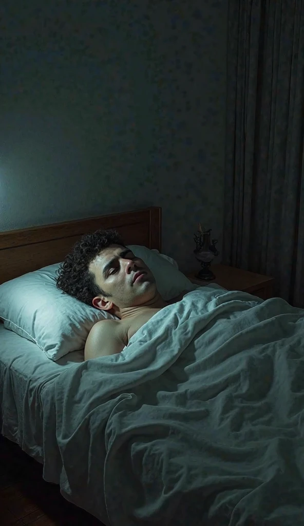 A thin hairy man on a wet bed