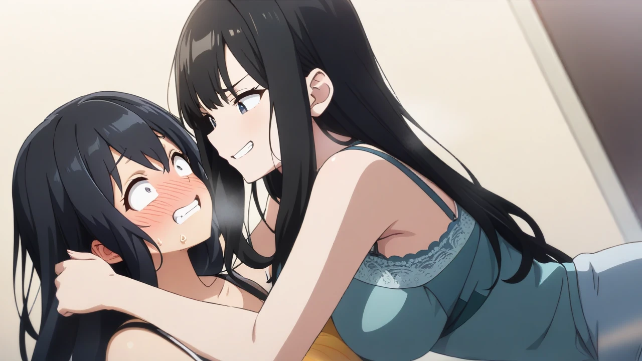 shinkai makoto, Kimi No Na Wa., 1 boy, Shaved head, , Boys are behind girls, Touching the chest, Rubbing breasts from behind, grab, grabbing chest,chestgrab behind back, Remove your bra, Hold the bra, Embrace, Embrace, Kiss on the neck, One girl, Black Hair, Waterfall knitting, Red ribbon, Long Hair, Brown eyes, blue star necklace, Light Cardigan Pink, Open shirt, Yellow shirt Open shift, belly button, cute, Open your mouth, whole body, Long sleeve, Cowboy Shot, masterpiece, On a date, Blushing, Bedroom, night, Sit on the bed , Shaved head,Topless,Nipples are erect,Armpit sweat,Shyness,clear,High exposure,Having my armpits licked,His arms are tied and he is hanging from a rope、A beautiful adult woman with long hair、Underhair grows,Peeing
