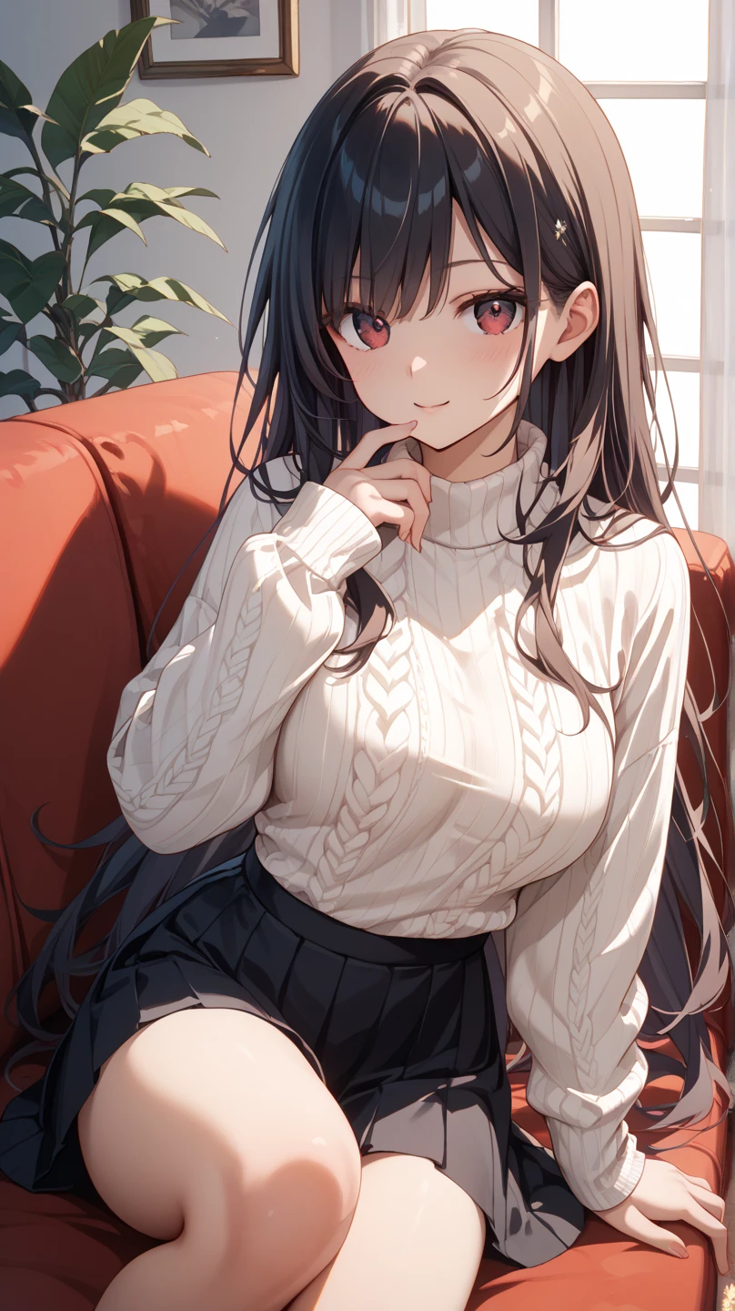 (1) A dark-haired woman is picking up her skirt.
(2) White satin panties are visible.
(3) She is wearing a white turtleneck knit and long boots.