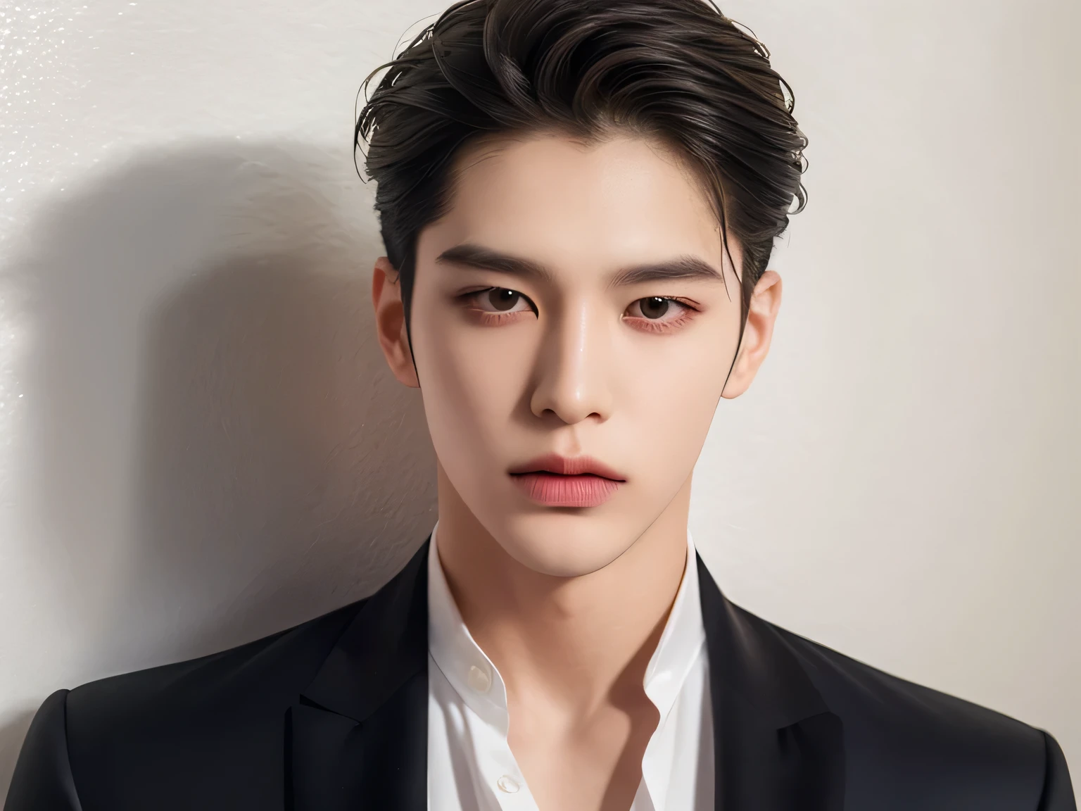 20 year old man, Very handsome , of Korean series stars, White skin, handsome, classic side part hairstyle, Masterpiece, best quality,  a man,  elegant, Detailed image, clear, Shiny, Very handsome , half body model, Cold Tea Face Paint, Wear a black outer suit, White inner shirt, One Man, reflect, Strict face color, front view.