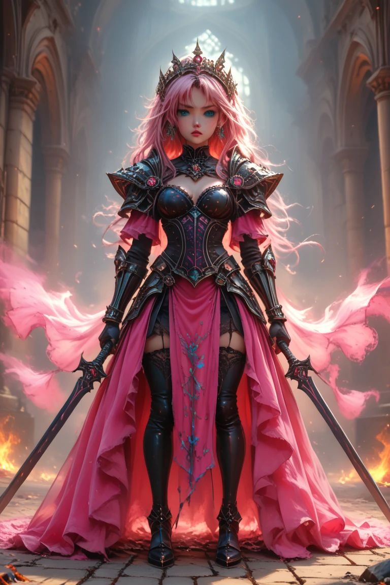 (Detailed illustrations,Very detailed and detailed drawing,Delicate lines with slow and rapid,Realistic texture expression),[Color tressed main line],(Battlefield of Fantasy World [Burning castle]),(GIRL ROBOT (Pink rabbit [METALFACE])) [WEAPON MACHINE],(([petal] Metal Dress [frilld]) [Floral pattern] [Clear pink translucent armor covering the body surface]) [bow ribbon]) [Energy tube glowing at the joint],[use a sledgehammer as a weapon],[[Mobile Weapon Gigant Size][Science Fiction Mechanical]],(Metallic luster at metal),(Intricate and beautiful decoration [Dense detail]),,[Perfect eye details (Iris beautifully drawn in every detail)[Jewel-like eyes]],[long and beautiful eyelashes],[Meticulously drawn hair [More on beautiful and shiny hair]],(Perfect hand details [Beautiful fingers without breakdowns [Beautiful nails]]),(Perfect Anatomy(Perfectly proportioned))[[Full body like]],[Ideal color coordination(Accurate simulation of light-material interactions)],[Visual art that conveys a sense of narrative].