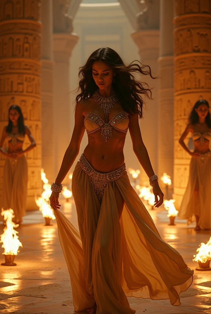 (Conan movie)(best quality,4k,highres:1.2),ultra-detailed,realistic:1.37, A group of Egyptian women (aged near 20, various builds and complexions, tend towards and nimble, ancient Egyptian dancer attire, make up, and body paint) Have been ordered to dance by their queen. Sensual belly dance, graceful serpentine movement, torch light dancing on oiled skin, alluring grace and beauty, revealing outfits. One of the women is extremely excited and volunteers enthusiastically, she is extremely happy. Cover any bare nipples with metallic star pasties (no nudity, safe for work)
