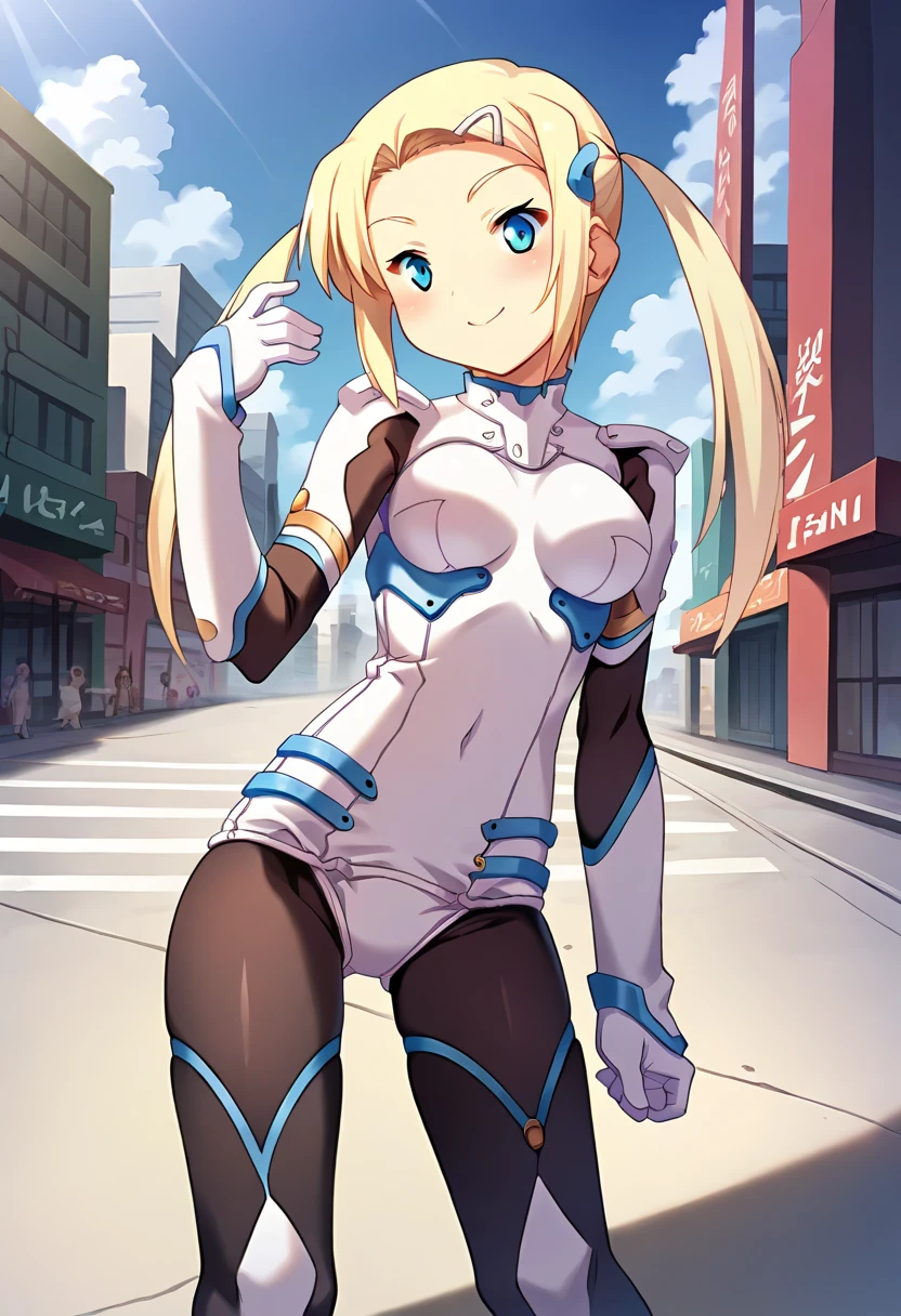 1girl, tall body, light blonde hair, aquamarine eyes, boots, breasts, bracelets, full body, hair ornament, (shoulder-length hair, ponytail), full body with costume, leotard, white leotard with blue accents, bare legs, white stockings, white boots, medium breasts, perfect hands, complete fingers, perfect anatomy, perfect proportions , solo, standing, superhero, (lighting logo on chest), beautiful detailed eyes, beautiful detailed face, age 18, full body zenkai! asuka suit, full body portrait, body infused with electricity, diffraction spikes, heroic, standing straight, hands on hip, cowboy shot, city backdrop