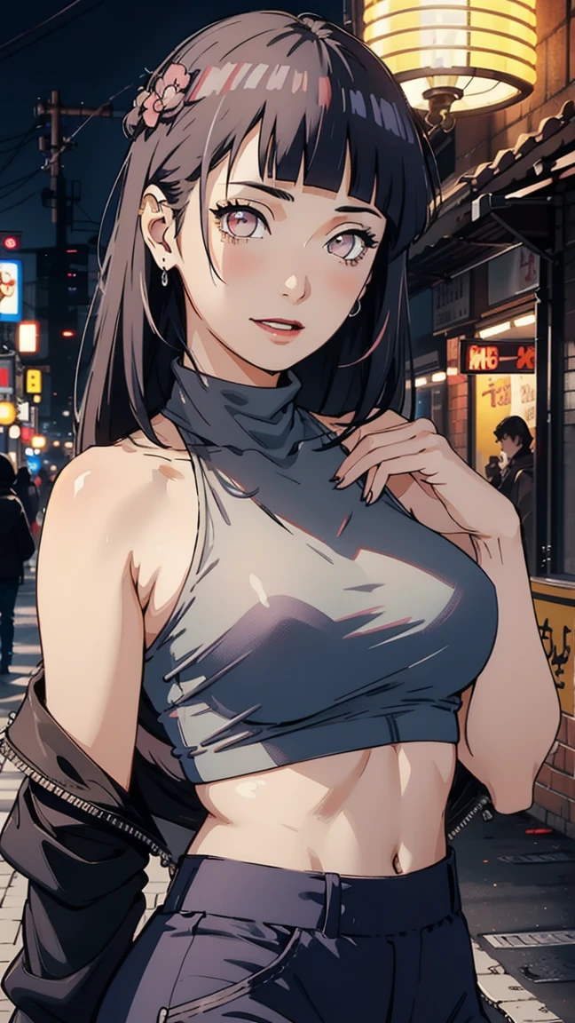 ((masterpiece)),(best quality),official art,extremely detailed CG,unity 8k wallpaper,ultra detailed,beautiful detailed eyes,extremely detailed face,outdoors,1girl,solo,upper body,(portrait:1.5),looking at viewer,facing viewer,cute smile,black hair,long hair,hairclip,earclip,asymmetrical bangs,old town,night time,moon,neon lightsbrown eyes,blush,tan,collarbone,full body pose,cowboy shot,yoga pants,show tits, show