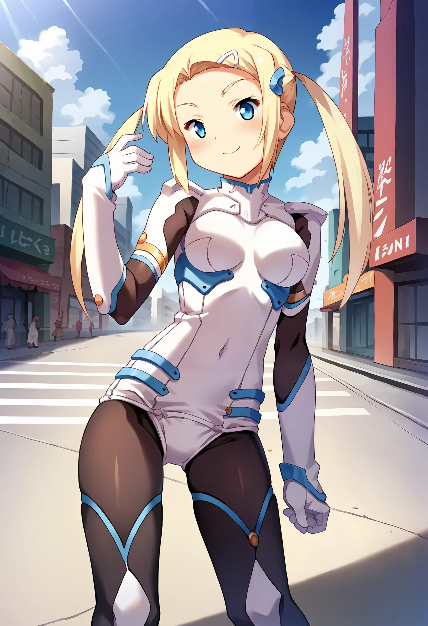score_9, score_8_up, score_7_up, masterpiece,  source_anime, 1 girl who died, CT_Grapefruit, blonde hair, Twin Tails, long hair, white hair clips, hair ornament, bodysuit, black tights, Knee-length boots, cowboy shooting, Outdoors, city, depth of writing, viewers, smile, hand up, closed mouth, Facing Viewer, medium breasts, 