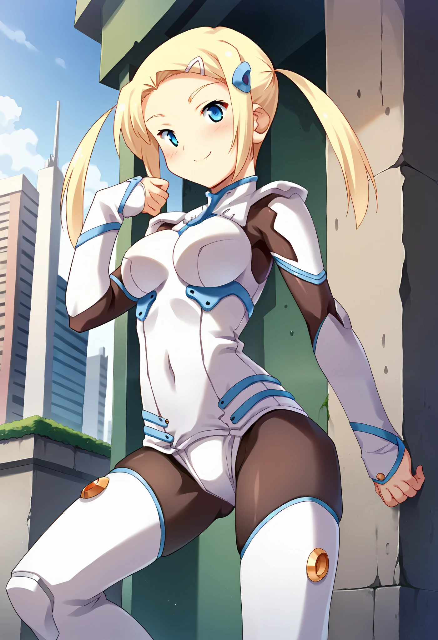 score_9, score_8_up, score_7_up, masterpiece, source_anime, 1 girl who died, CT_Grapefruit, blonde hair, Twin Tails, long hair, white hair clips, hair ornament, bodysuit, black tights, Knee-length boots, cowboy shooting, Outdoors, city, depth of writing, viewers, smile, hand up, closed mouth, Facing Viewer, medium breasts,