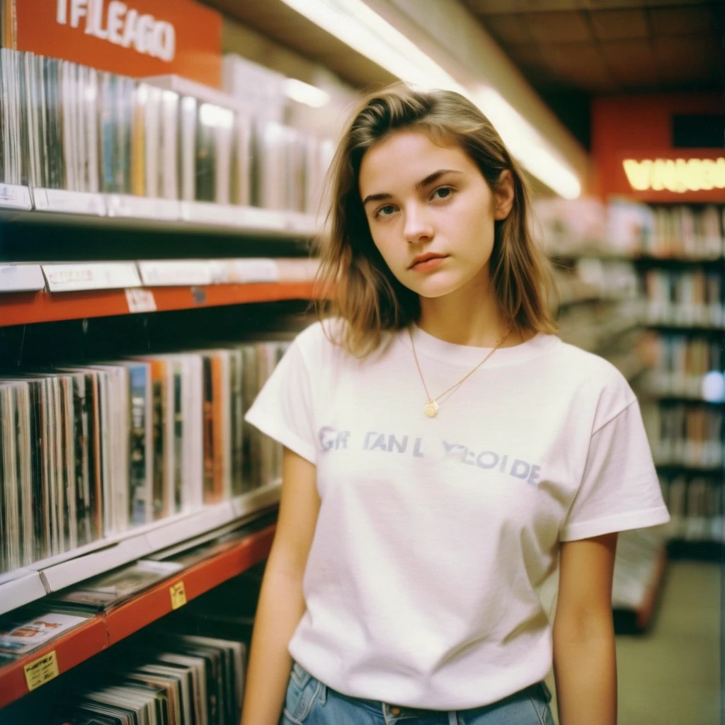 <lora:Ariel_SDXL_v1.0:1>
90s flash photo, light leak, analog photo, a ohwx woman wearing a white t-shirt standing in the vinyl store