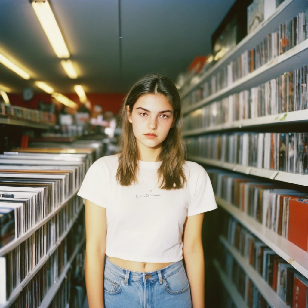<lora:EmilyBloom_SDXL_v1.0:1>
90s flash photo, light leak, analog photo, a ohwx woman wearing a white t-shirt jeans standing in the vinyl store