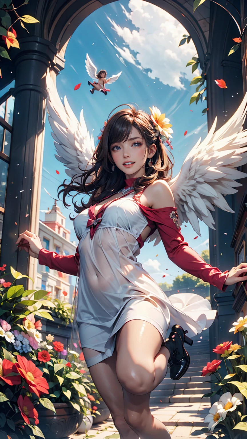 (masterpiece, Highest quality, Highest quality, Official Art, beautifully、aesthetic:1.2), (One girl:1.3), Very detailed,(Fractal Art:1.1),(colorful:1.1)(Flowers:1.3),Most detailed,(Tangled:1.2), (Dynamic pose), (Abstract background:1.3), (Shiny skin), (Many colors:1.4), ,(Earrings), (feather:1.5) , (Flame Thrower:1.3),Red background,Phoenix dress,
